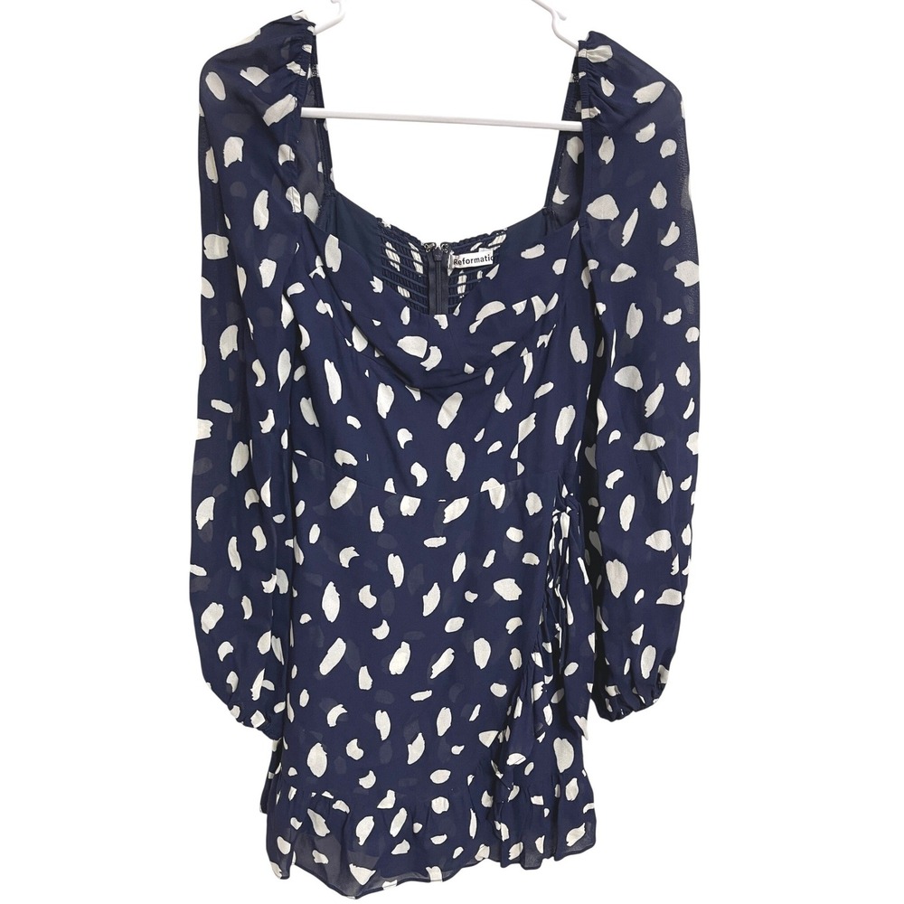 Reformation Cammi Dress Splatter Polka Dot Blue Mini Size 2 Puff‎ Sleeve Ruffle - Picture 2 of 4